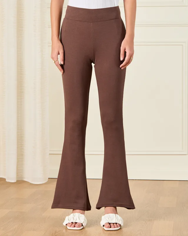 Women Brown Ribbed Flared Leggings sold by Redtag