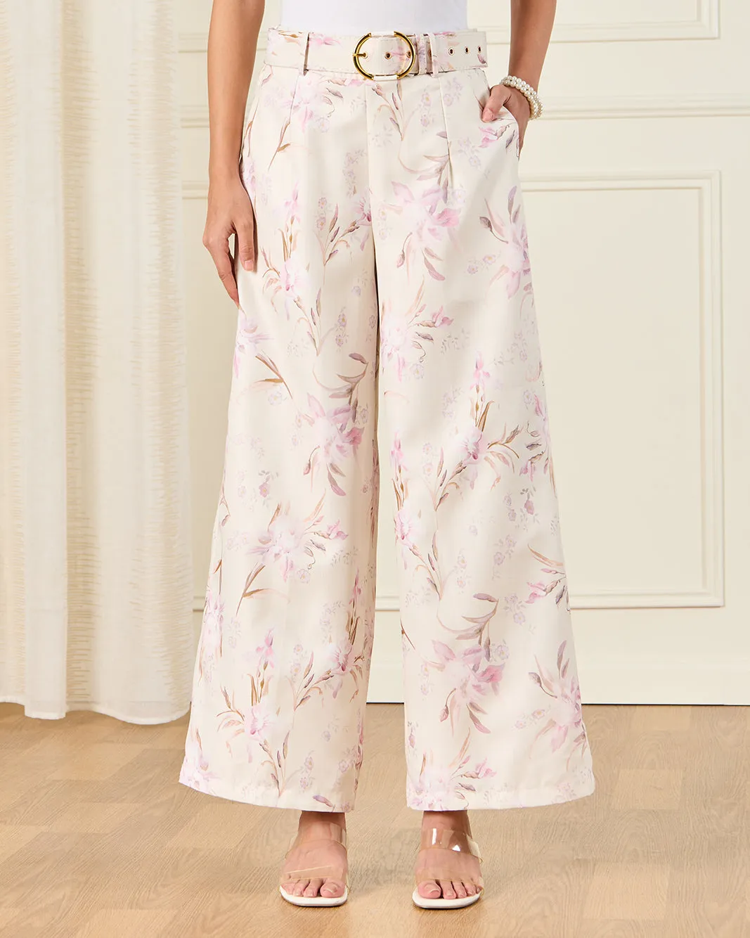 Women Ivory Floral Printed Wide Leg Trousers sold by Redtag