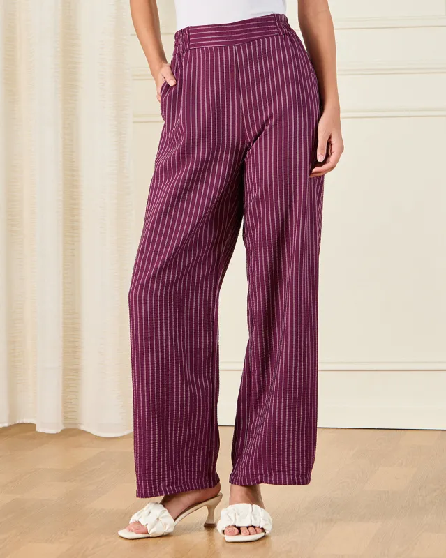 Women Purple Striped Wide Leg Trousers sold by Redtag