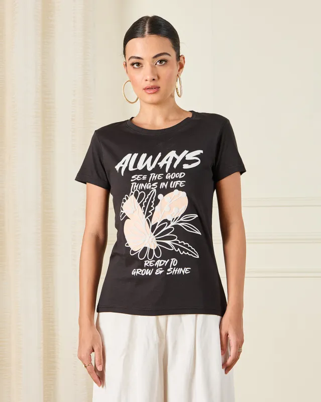 Women Black Printed T-Shirt sold by Redtag