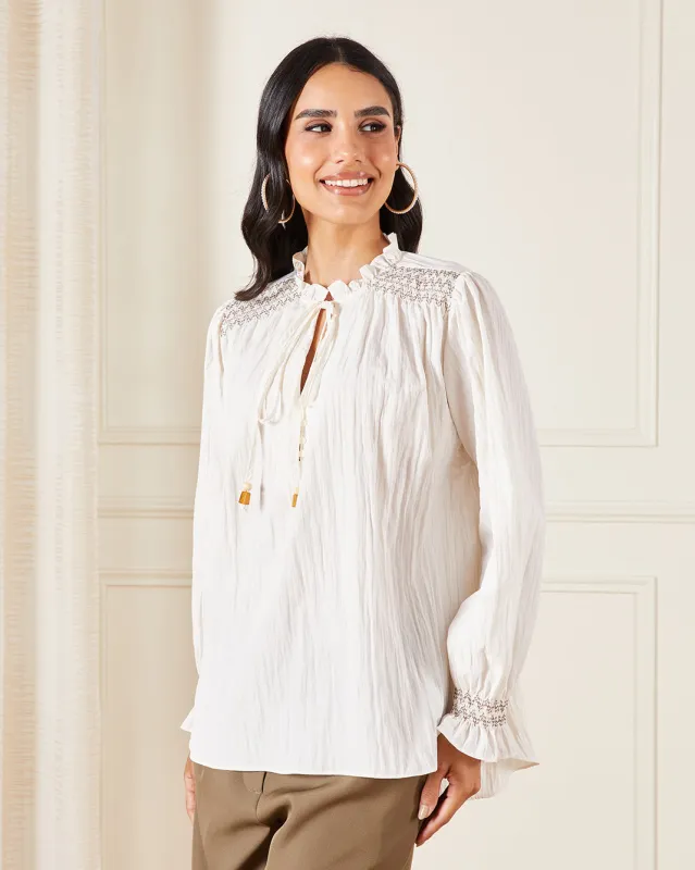 Women Ivory Contrast Smoking Detailed Blouse sold by Redtag