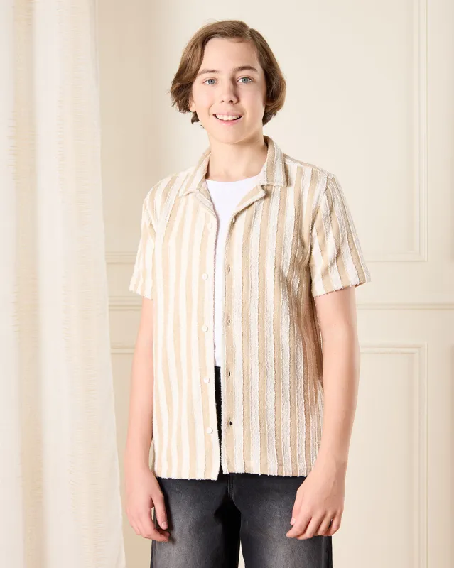 Senior Boys Beige Striped Collared Shirt sold by Redtag