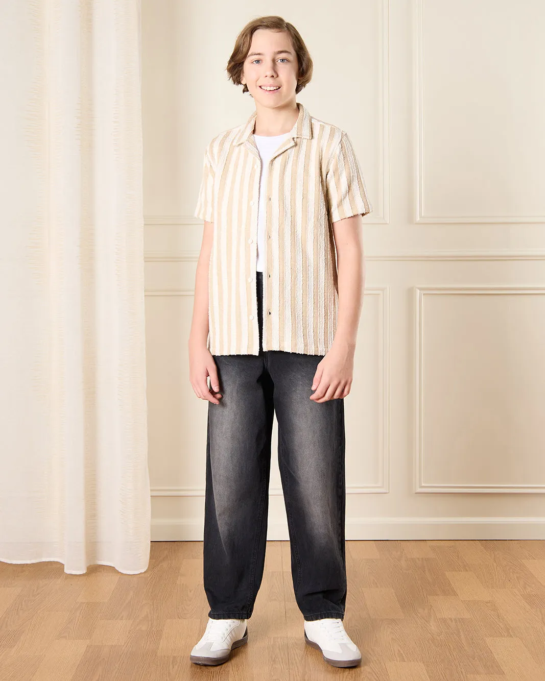 Senior Boys Beige Striped Collared Shirt sold by Redtag product image thumbnail 2