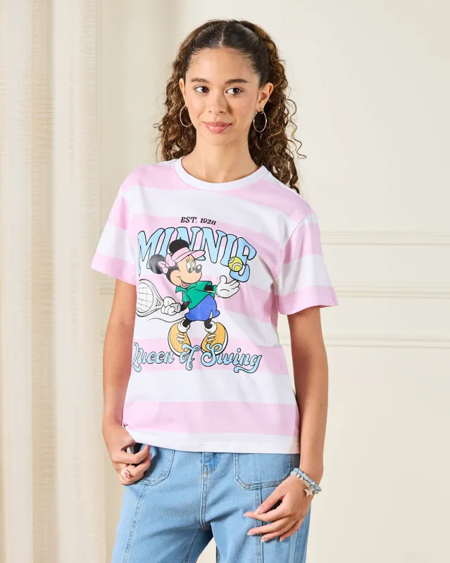 Senior Girls White And Pink Striped Minnie T-Shirt sold by Redtag
