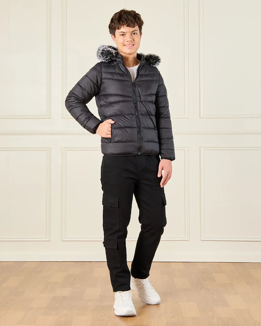Senior Boys Black Padded Fur Hooded Jacket sold by Redtag product image thumbnail 2