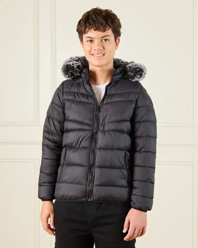 Senior Boys Black Padded Fur Hooded Jacket sold by Redtag