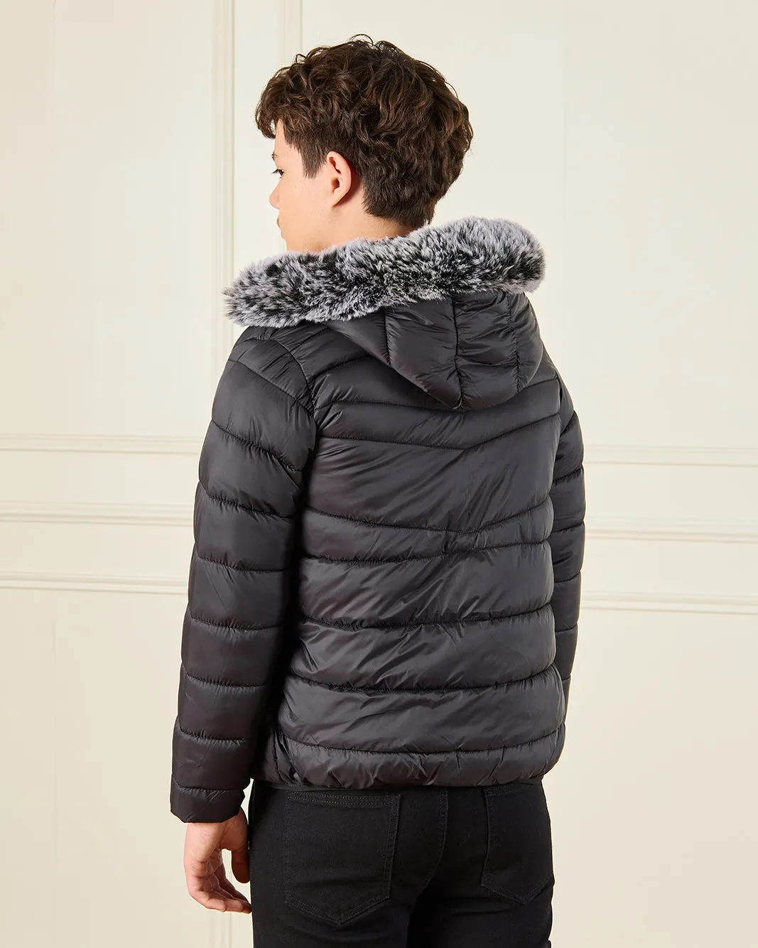 Senior Boys Black Padded Fur Hooded Jacket sold by Redtag product image thumbnail 3