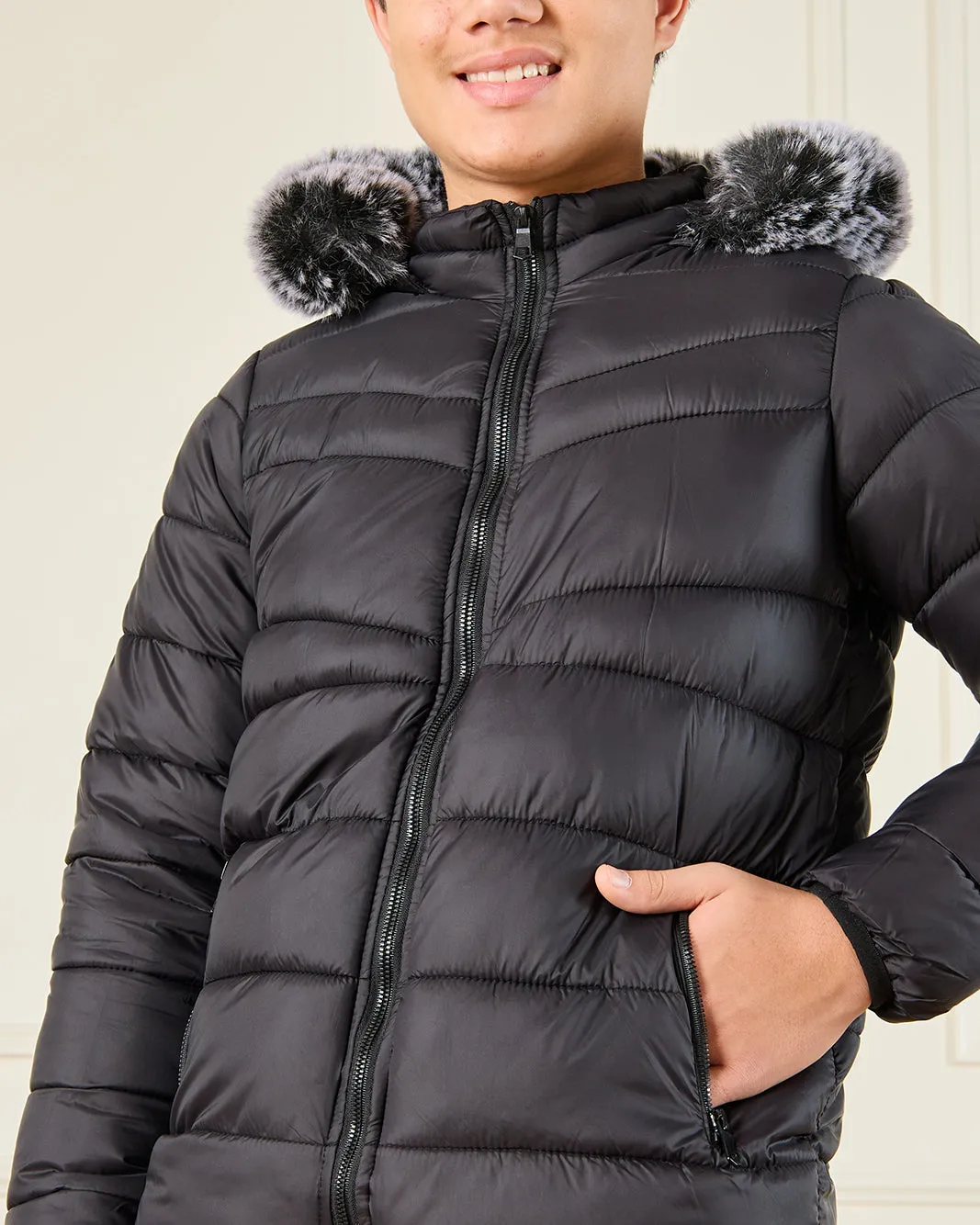 Senior Boys Black Padded Fur Hooded Jacket sold by Redtag product image thumbnail 4