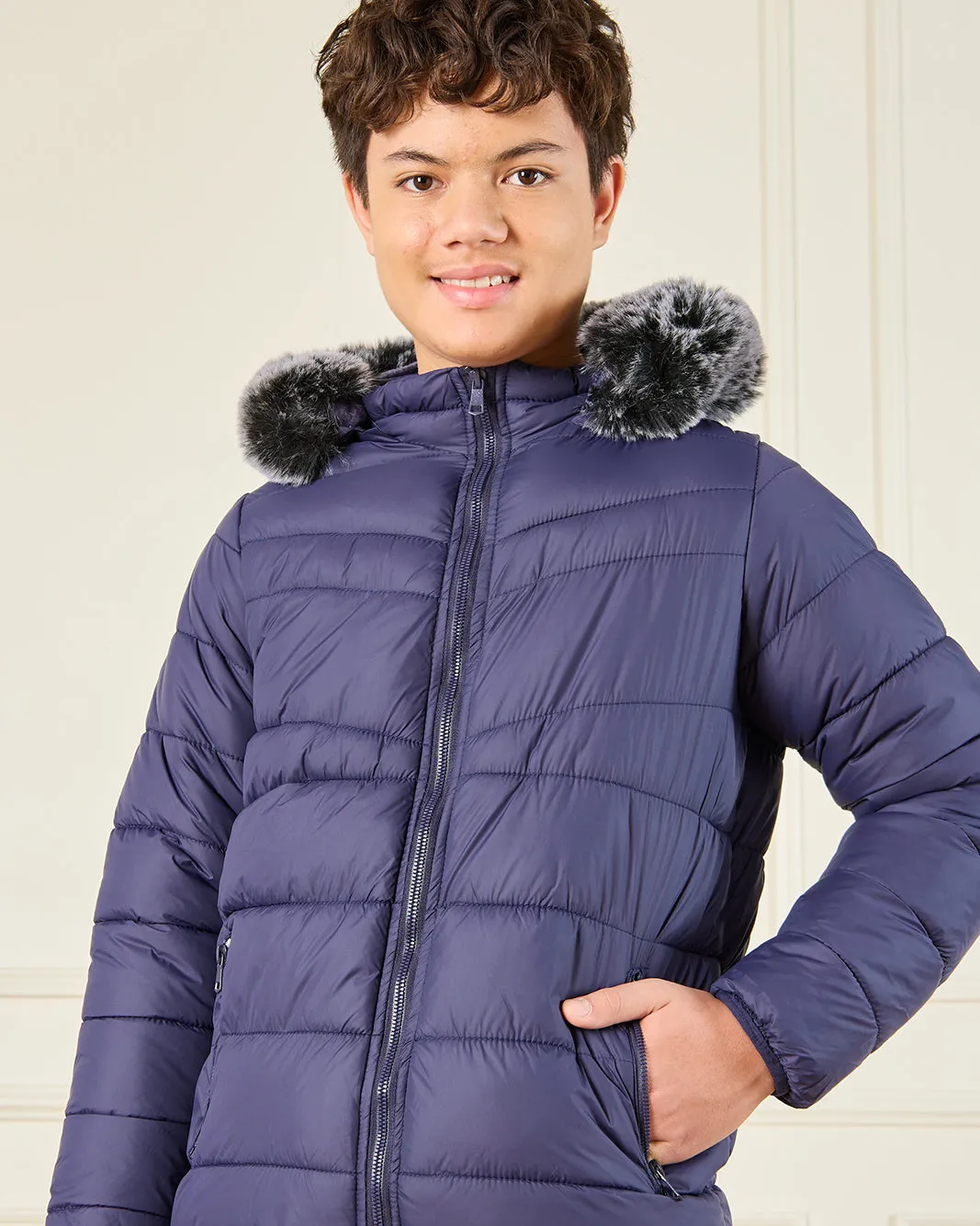Senior Boys Blue Padded Fur Hooded Jacket sold by Redtag product image thumbnail 4