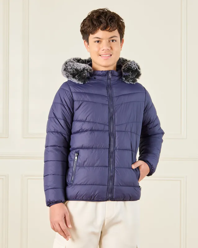 Senior Boys Blue Padded Fur Hooded Jacket sold by Redtag