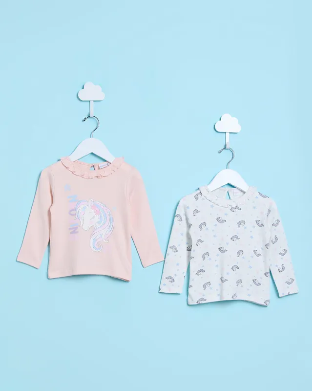 Infant Girls White Unicorn Print T-Shirt Set (Pack of 2 sold by Redtag