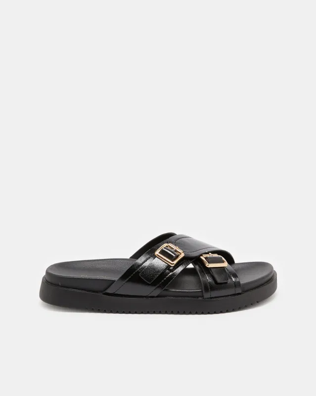 Women Black Crisscross Buckle Mule sold by Redtag