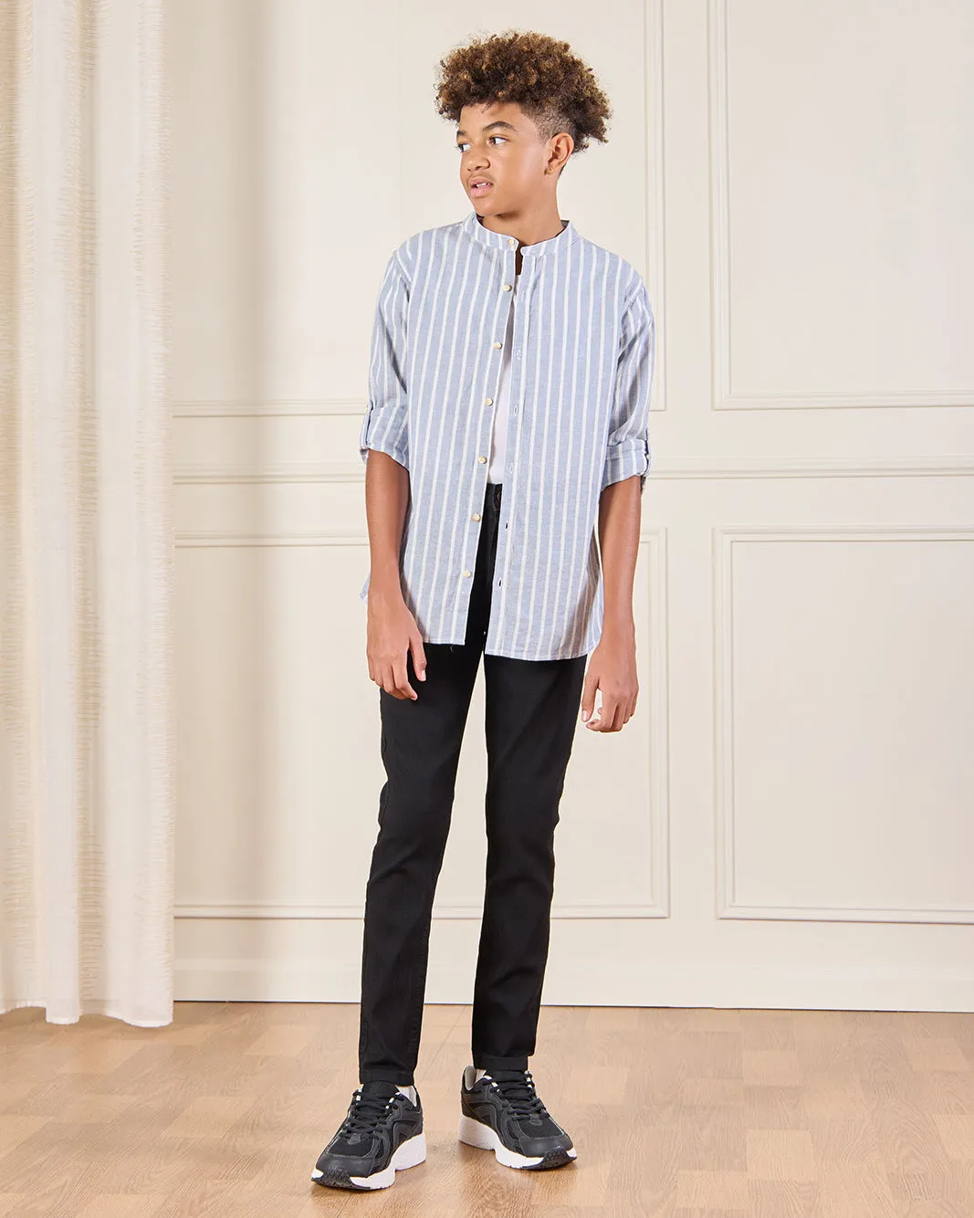 Senior Boys Blue Striped Mandarin Collared Shirt sold by Redtag product image thumbnail 2