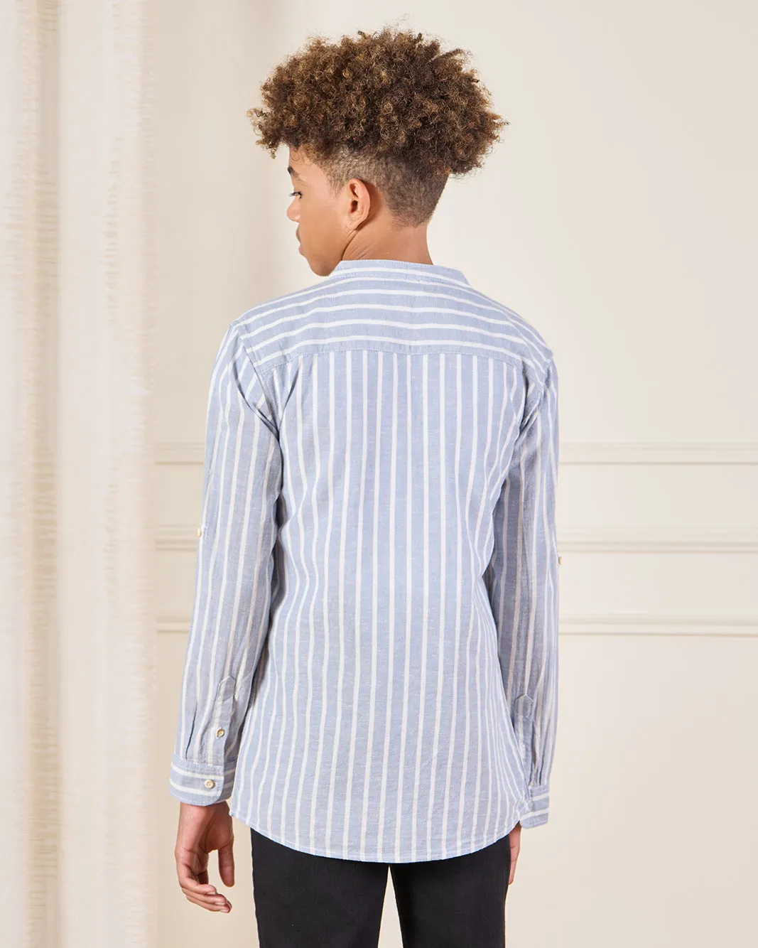 Senior Boys Blue Striped Mandarin Collared Shirt sold by Redtag product image thumbnail 3