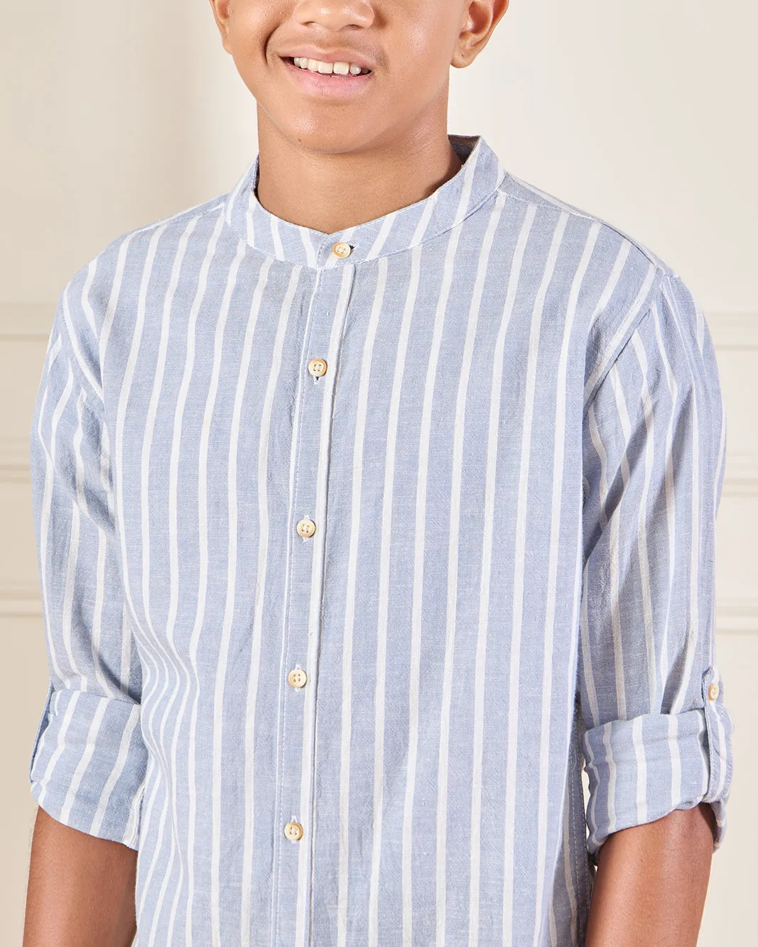 Senior Boys Blue Striped Mandarin Collared Shirt sold by Redtag product image thumbnail 4