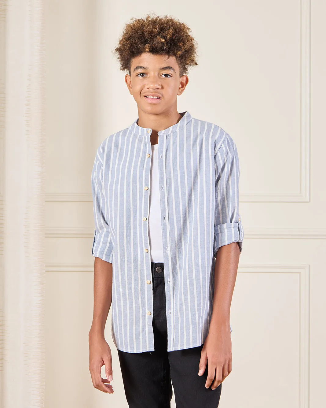 Senior Boys Blue Striped Mandarin Collared Shirt sold by Redtag