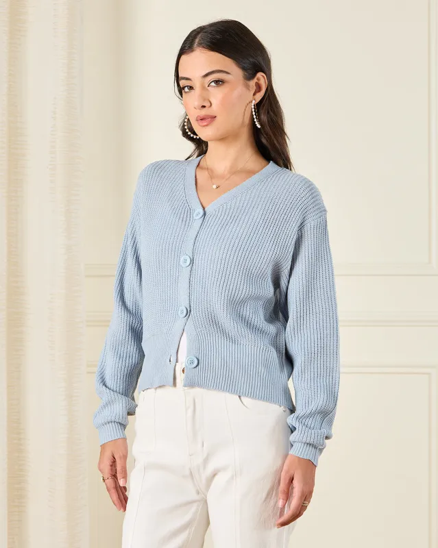Women Blue Button Front Knit Cardigan sold by Redtag