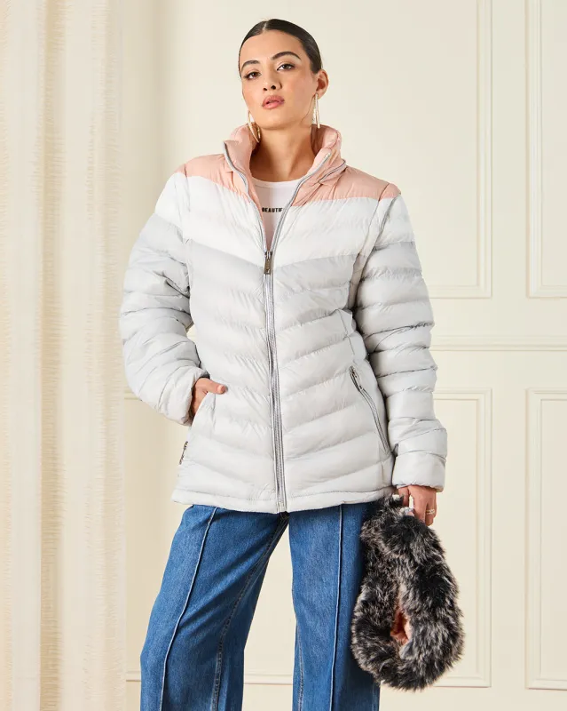Women Grey Fur Quilted Padded Jacket sold by Redtag