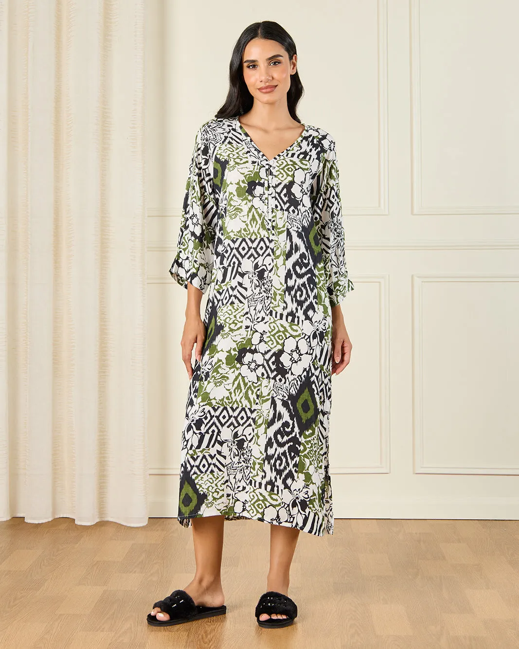 Women Multicolour Allover Printed Kaftan Nightgown sold by Redtag