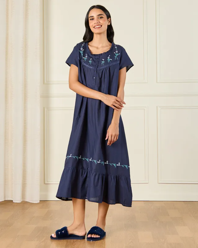 Women Navy Chest Embroidery Nightgown sold by Redtag