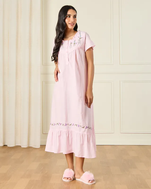 Women Pink Chest Embroidery Nightgown sold by Redtag