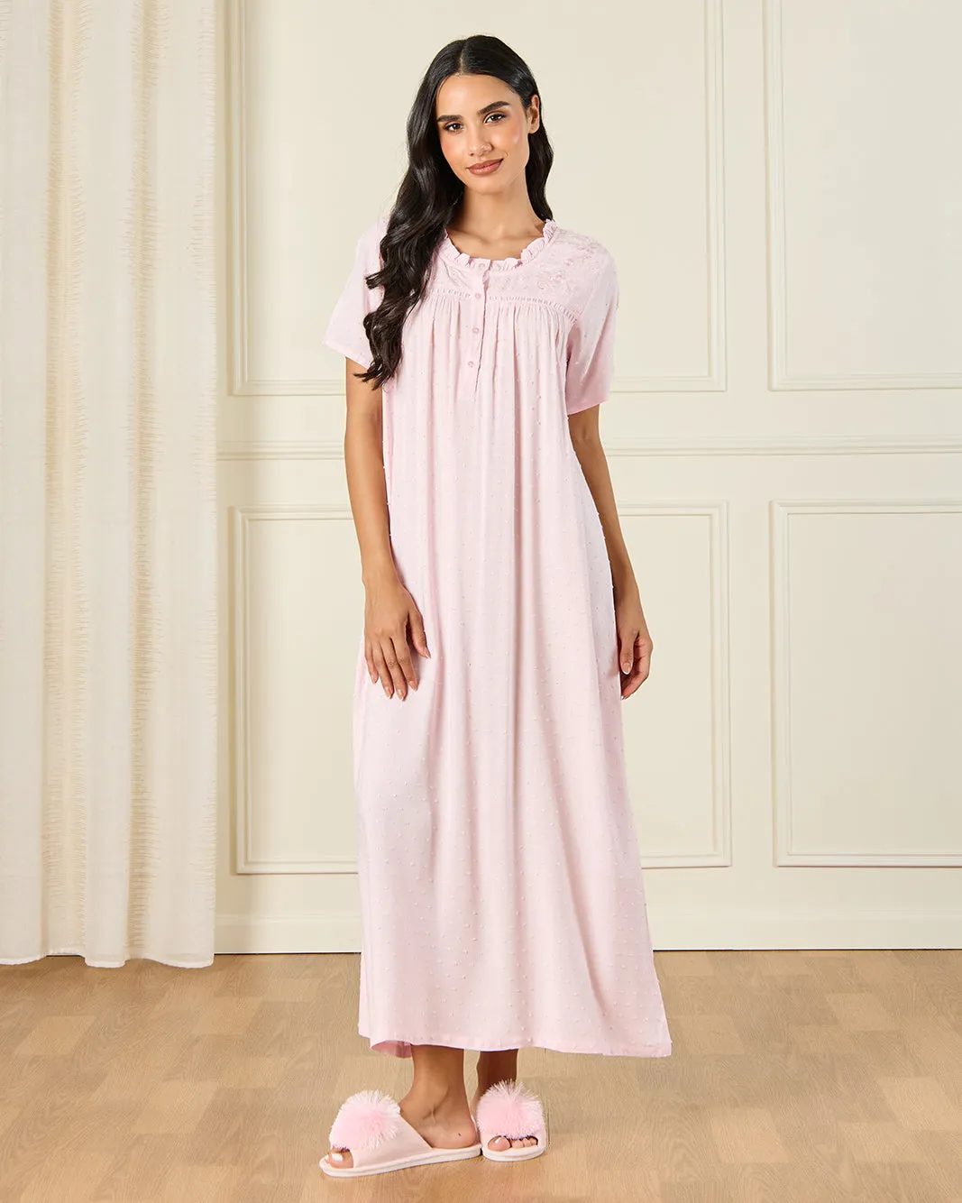 Women Pink Chest Embroidery Nightgown sold by Redtag