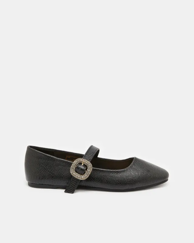 Women Black Embellished  Ballerina With Buckle Trim sold by Redtag