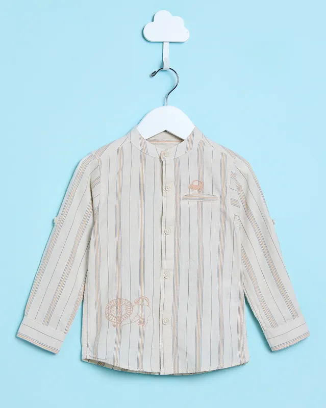 Infant Boys Beige Striped Mandarin Collar Shirt sold by Redtag