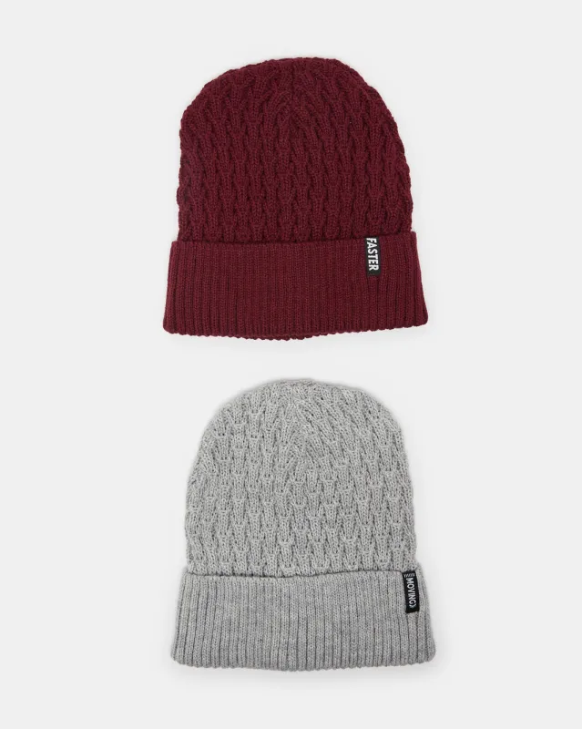Men Burgundy And Grey Knitted Cap Set (Pack Of 2) sold by Redtag