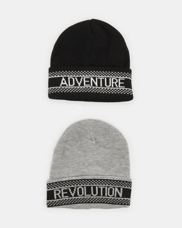 Men Black And Grey Knitted Cap Set (Pack Of 2) sold by Redtag