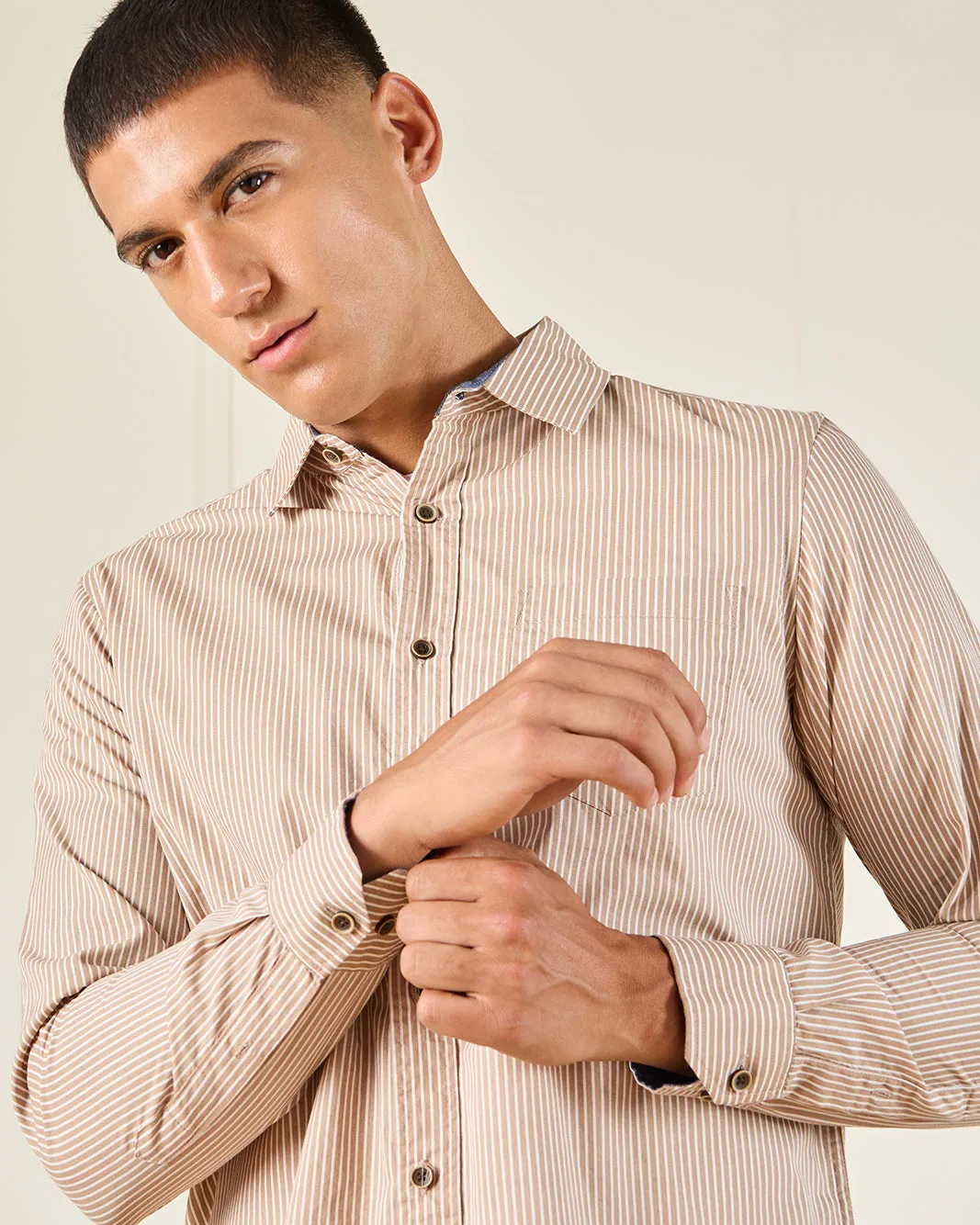 Men Beige Striped Long Sleeve Shirt sold by Redtag product image thumbnail 4