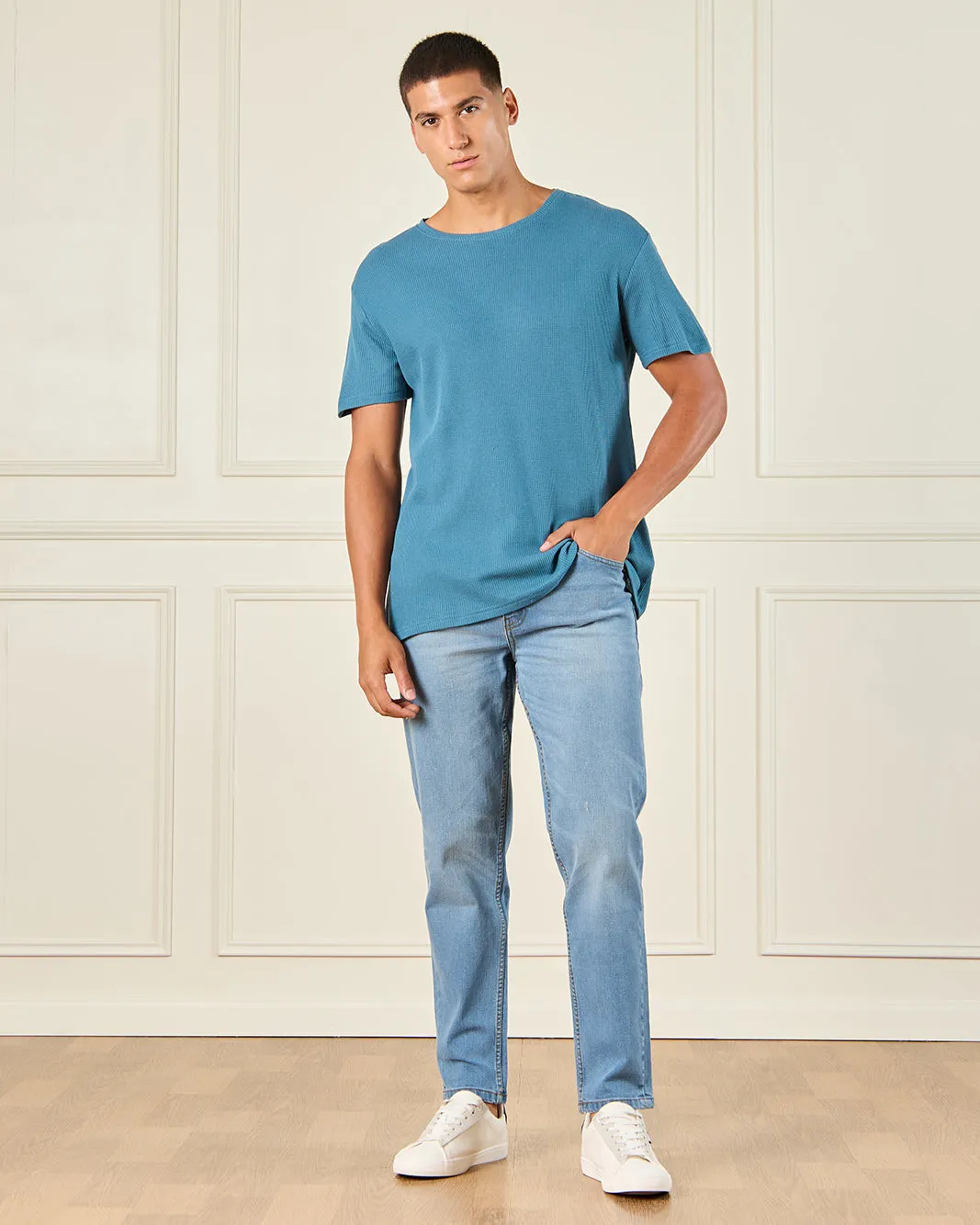 Men Blue Jacquard T-Shirt sold by Redtag product image thumbnail 2