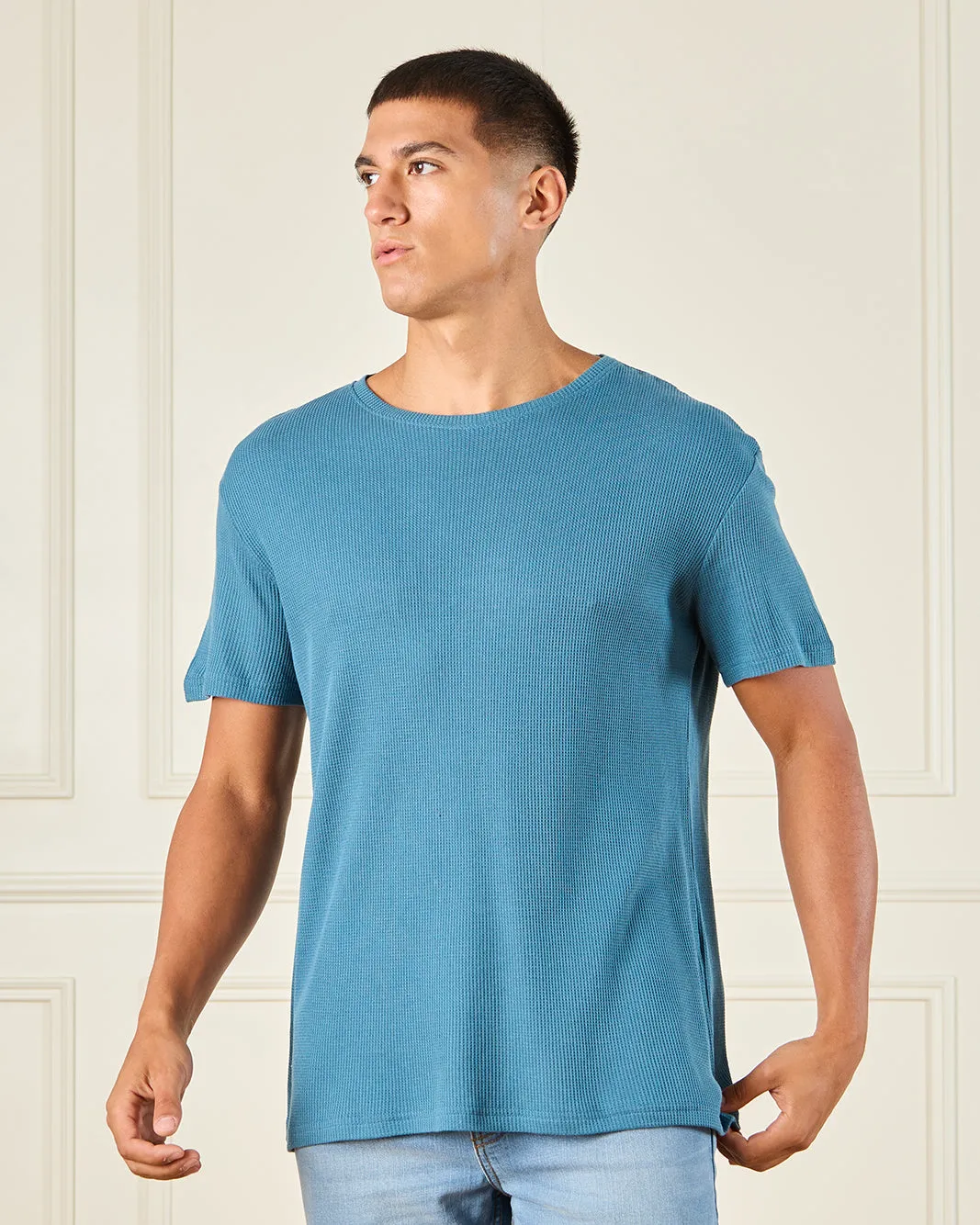 Men Blue Jacquard T-Shirt sold by Redtag