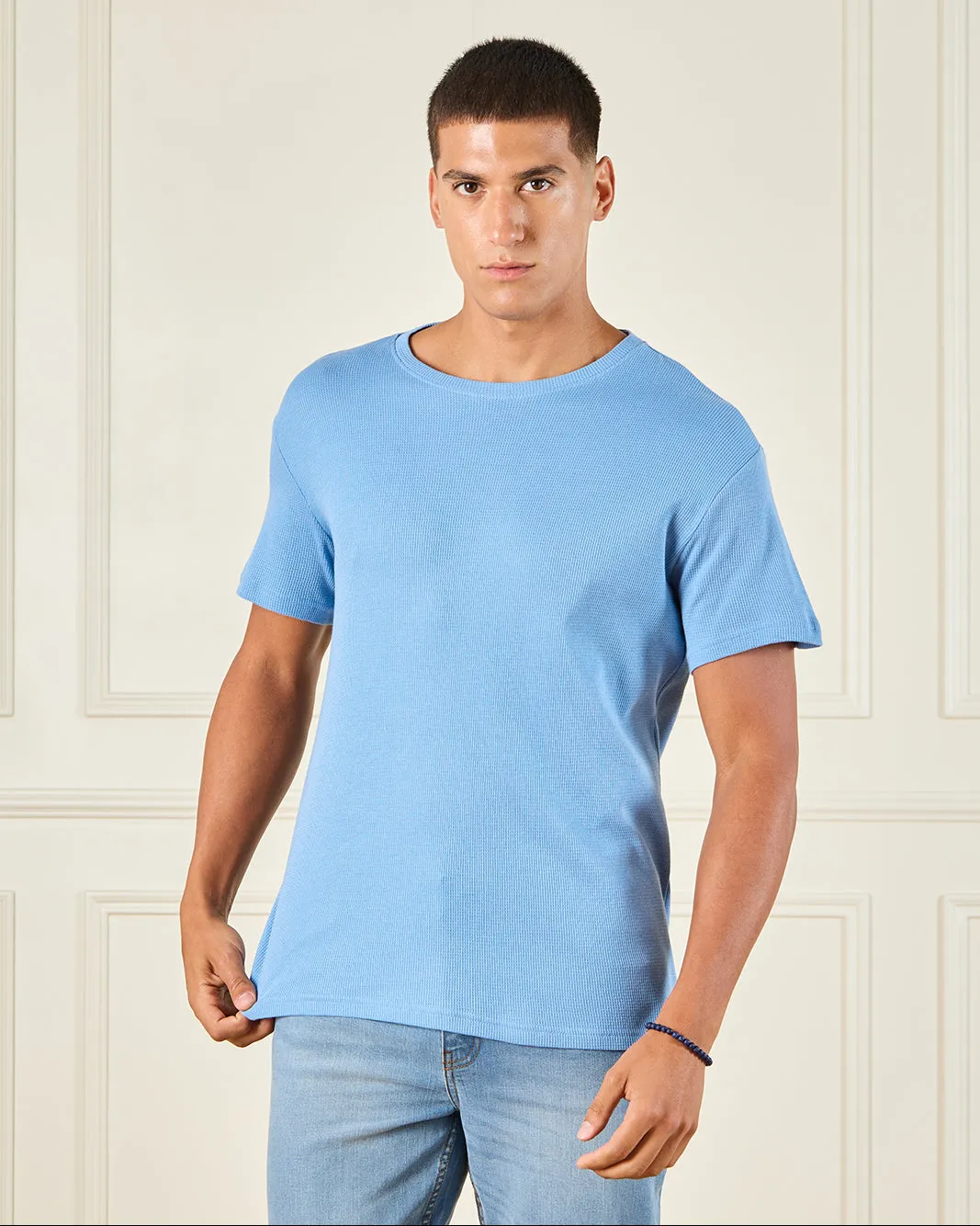 Men Blue Jacquard T-Shirt sold by Redtag