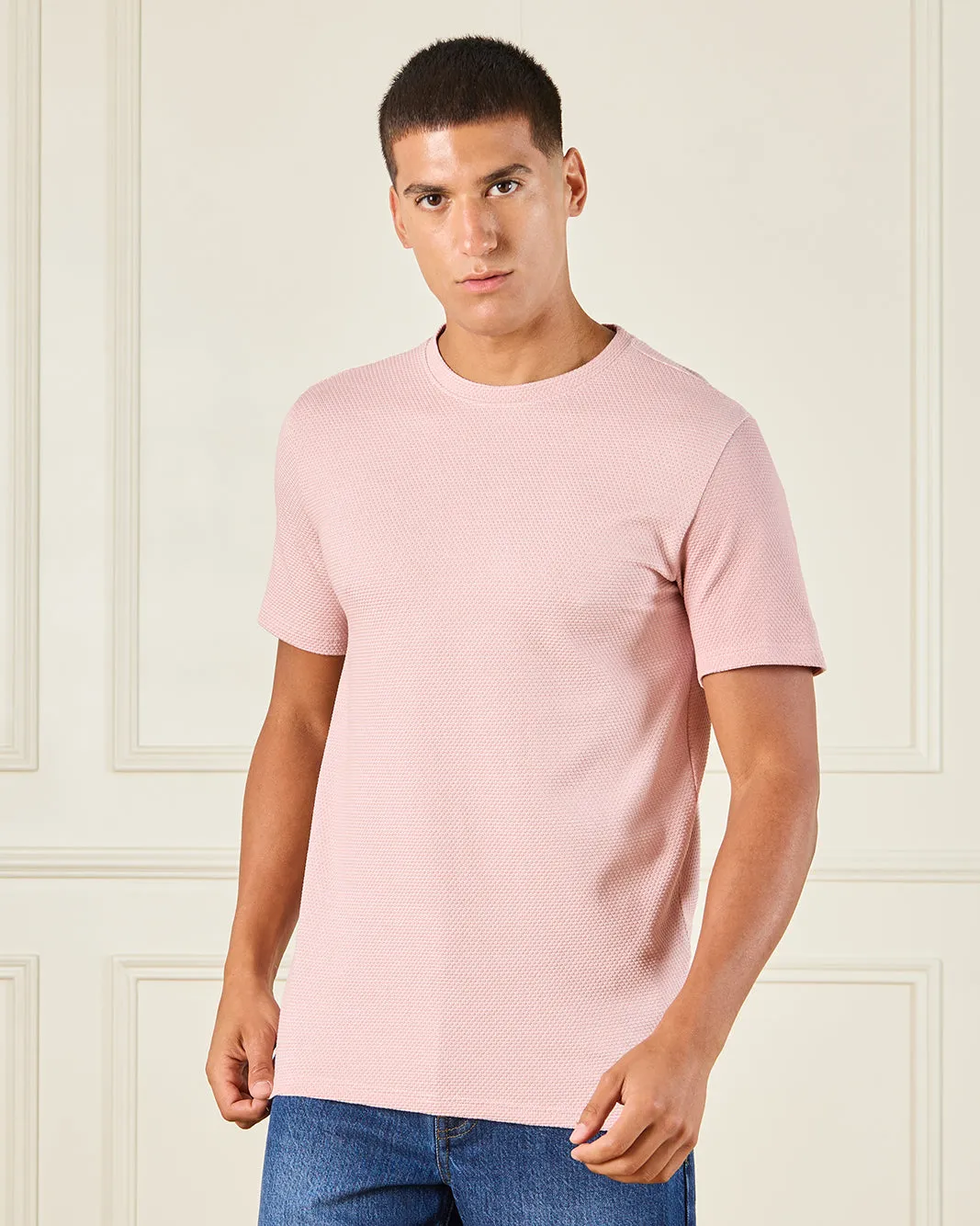 Men Pink Jacquard T-Shirt sold by Redtag