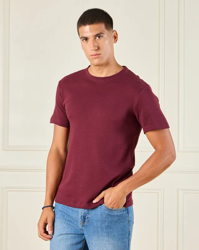 Men Burgundy Jacquard T-Shirt sold by Redtag