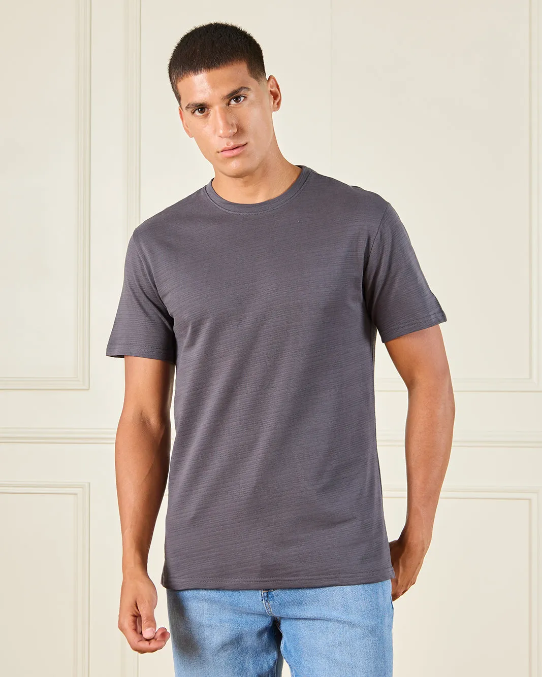 Men Grey Jacquard T-Shirt sold by Redtag