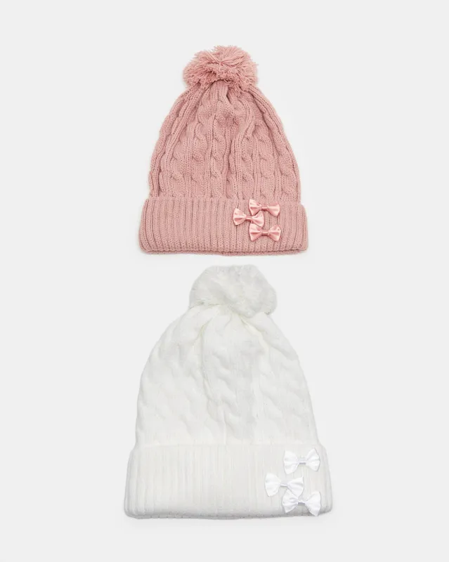 Women White And Pink Embellished  Knitted Cap Set Of 2 sold by Redtag