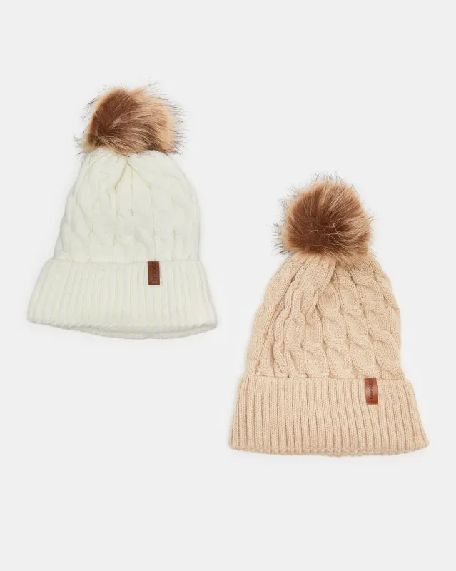 Women White And Beige Embellished  Knitted Cap Set Of 2 sold by Redtag