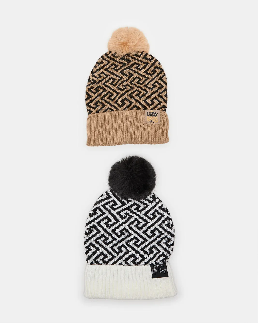 Women Brown And White Embellished Knitted Cap Set Of 2 sold by Redtag