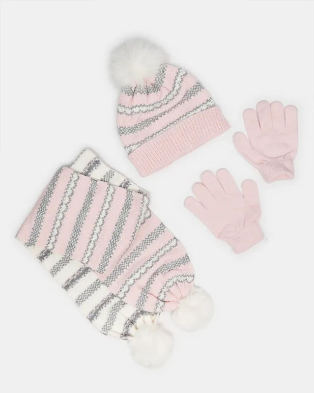 Girls Pink And White Knitted Scarf Set (3 Piece) sold by Redtag