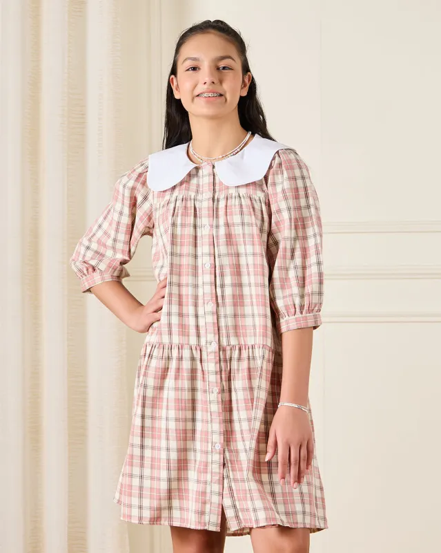 Senior Girls Pink Plaid Checkered Tiered Dress sold by Redtag