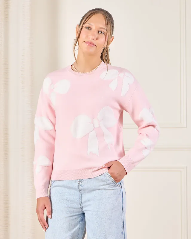 Senior Girls Pink Bow Knitted Pullover sold by Redtag