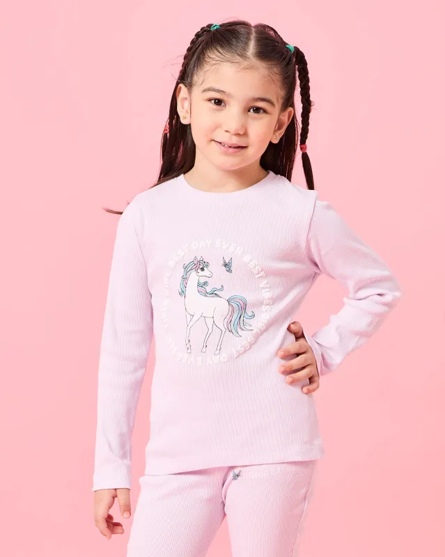 Girls Pink Placement Print Rib T-Shirt sold by Redtag
