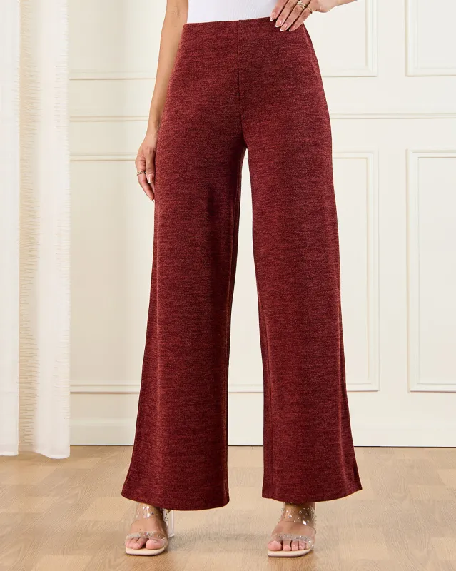 Women Burgundy Jacquard Flared Trouser sold by Redtag
