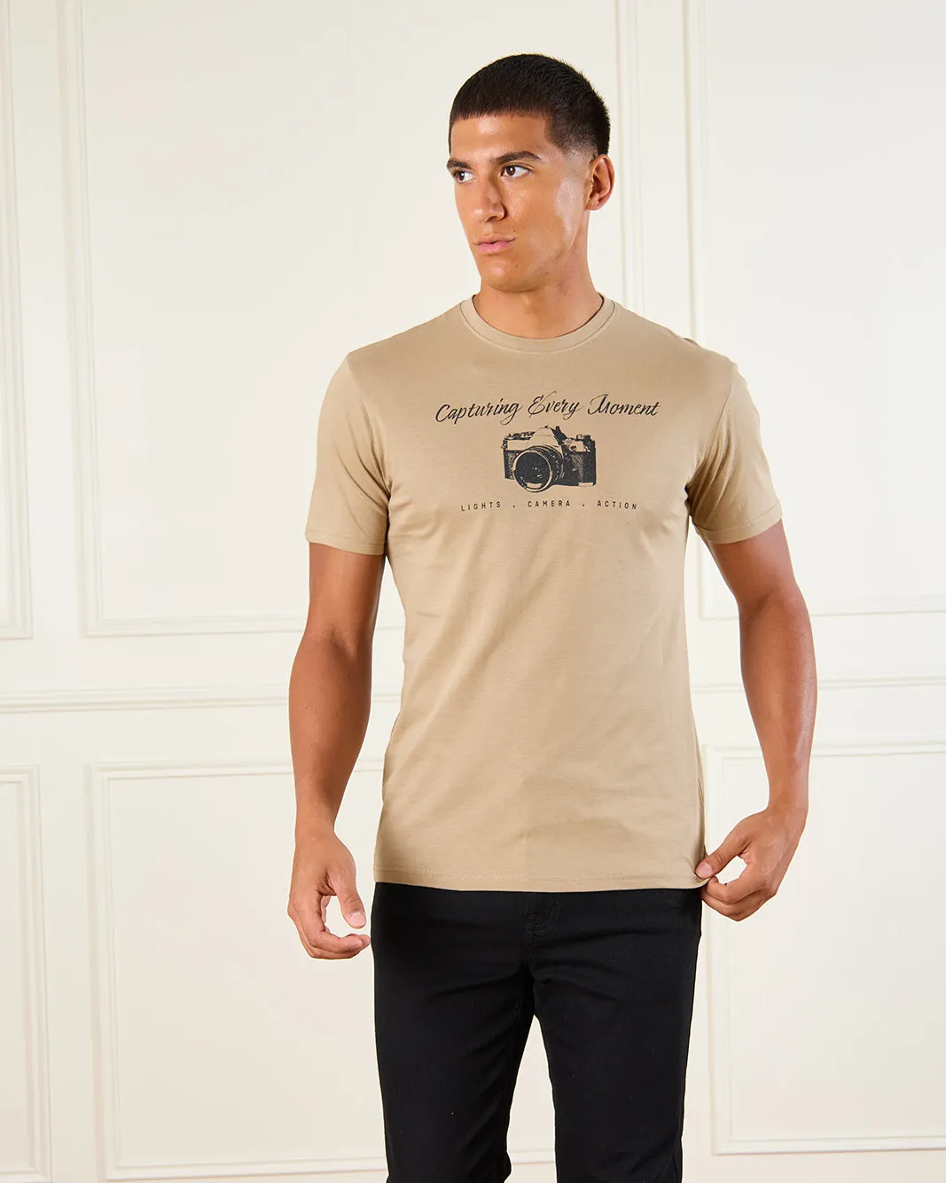 Men Beige Basic Graphic T-Shirt sold by Redtag