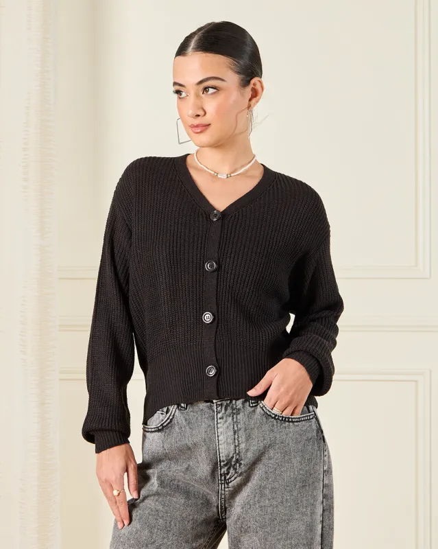 Women Black Button Front Knit Cardigan sold by Redtag
