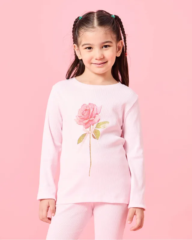 Girls Pink Rose Print Rib T- Shirt sold by Redtag