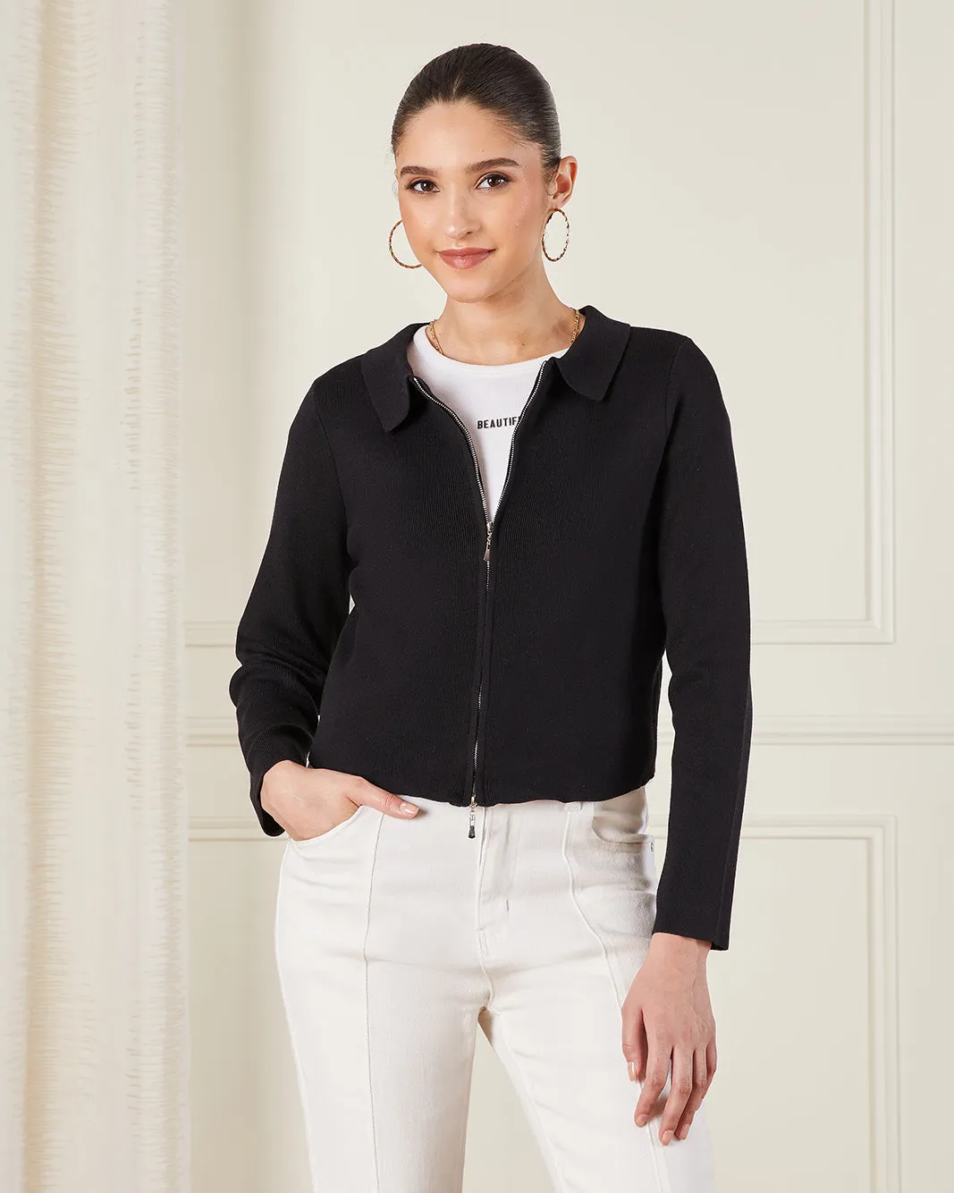 Women Black Solid Jacket sold by Redtag