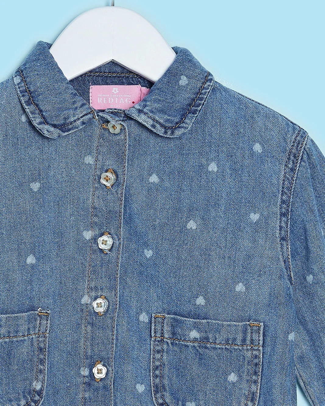 Infant Girls Blue Front Button Denim Blouse Heart All Over Print sold by Redtag product image thumbnail 2